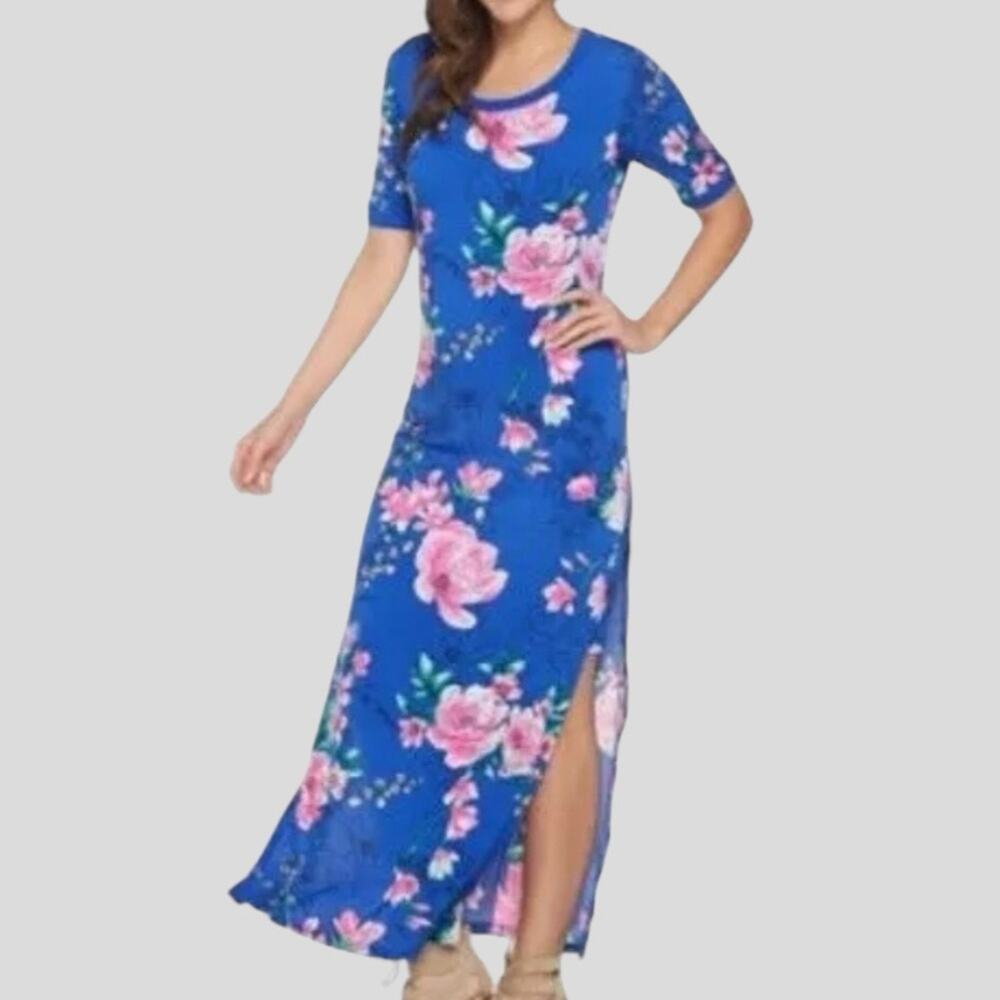 G.I.L.I. Floral Maxi Jetsetter Dress Size M High Side Slits Blue Pink Sash Belt